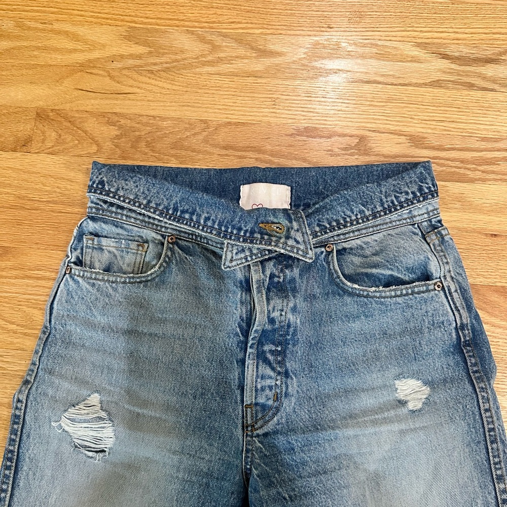Revive denim, lightly worn, cross button jeans